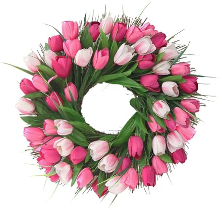 LICAEVEY Realistischer Frühlingskranz für die Haustür, 45 cm Großer Künstlicher Tulpen-Türkranz für Alle Jahreszeiten, Fusselfreies Design mit Hängeseil (Rosa Weiß)