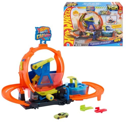 Hot Wheels Méga Looping Station de Lavage, Coffret de Piste avec véhicule Hot Wheels Color Shifters à l’échelle 1/64, Changement de Couleur à volonté Pendant Les Cascades et Les Courses, JTC56