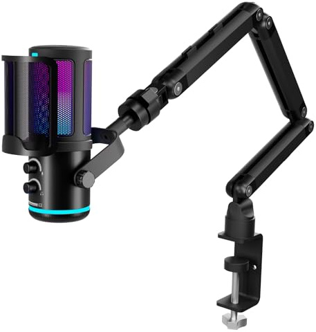 K KASONIC Kit Micro Gaming RGB avec Bras, 24bit/192kHz Audio | Micro USB à Condensateur pour PC, PS4, PS5, Contrôle de Gain, Filtre Anti-pop, Pour Podcast, Streaming et Home Studio