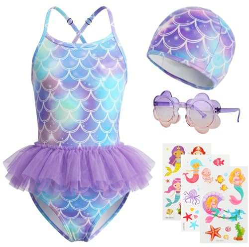 YYDSXK Costume da Bagno per Bambina, Costume Intero Bambina Sirena, Set 4 in 1 con Cuffia, Occhiali da Sole e Tatuaggi, Spalline Regolabili, per Mare e Piscina