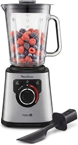 Moulinex PerfectMix Inox, Batidora de vaso de 1200 W | Alta velocidad, Tecnología de cuchillas Powelix, Fácil de limpiar, Jarra de vidrio termorresistente, 2 L, LM811A