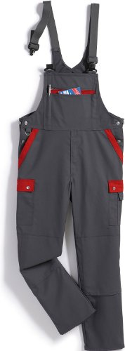 BP Profil 1844-720-53 Latzhose - Stretch Hosenträger - Verstellbarer Bund - Taschen für Knieschoner - 65% Polyester, 35% Baumwolle - Normale Passform - Größe: 44 - Farbe: dunkelgrau/rot
