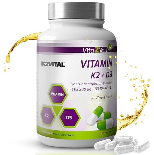 Vita2You Vitamin D3 + K2-180 Kapseln - Vitamin D3 10.000 IE + Vitamin K2 (MK-7) 200µg - Original K2VITAL® von Kappa - Premium Qualität