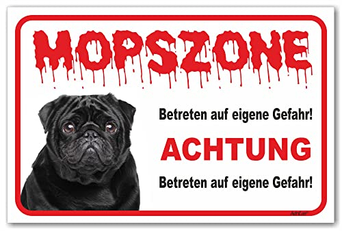 AdriLeo Schild - Vorsicht schwarzer Mops - Zone - (15 x 20cm) / Achtung Hund Wachhund