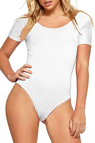 Red Olives® Womens Ladies Plain Cap Sleeve Scoop Neck Leotard Top Stretch T-Shirt Bodysuit UK 8-14 (8/10, White)