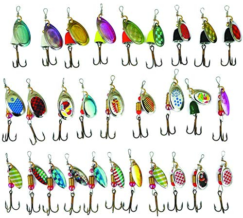 LSHEL- Set di 30 Cucchiaini Spinner Esche Artificiali per Pesca (Luccio, Trota, Bass)