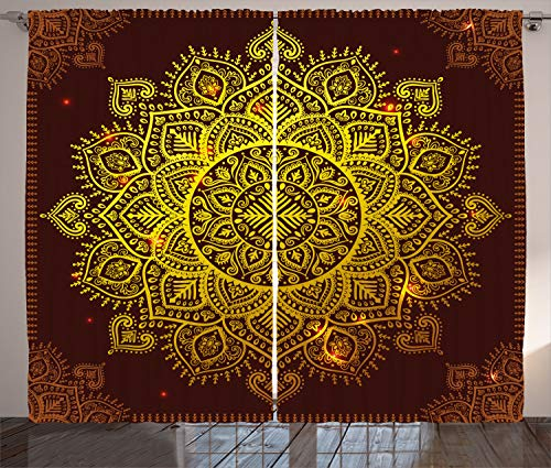 ABAKUHAUS Mandala Rustikaler Gardine, Orientalische Schneeflocke Kunst, Schlafzimmer Kräuselband Vorhang mit Schlaufen und Haken, 280 x 225 cm, Gelb Braun