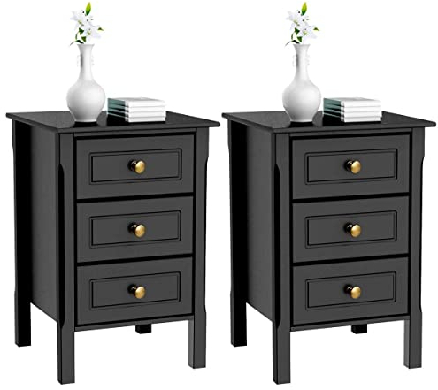 Yaheetech Black Bedside Table Set of 2PCs, Wooden Nightstands with 3 Drawers, Chest of 3 Drawers for Bedroom/Living Room/Hallway, 40x40x60cm