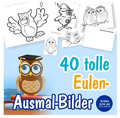 Unser-Festtag 40 x Ausmalbilder mit Eulen, lustig originell, verschiedene Motive. Größe Din A5 (ca. 21 x 14,8 cm)