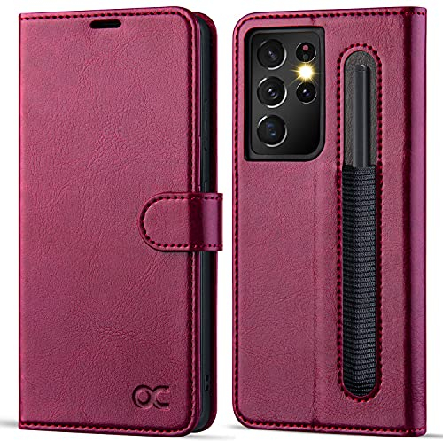 OCASE Custodia Samsung S21 Ultra con supporto S-Pen, Cover Samsung S21 Ultra Interno TPU Antiurto Portafoglio [RFID Blocking] [Carta Fessura] Custodie in Pelle per Galaxy S21 Ultra (6,8) - Borgogna