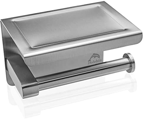 Dolvhin® Toilettenpapierhalter ohne Bohren | Premium Klopapierhalter mit Ablage & Einkerbung | Edelstahl Klorollenhalter Selbstklebend | WC Rollenhalter zum kleben ohne Bohrlöcher (Gebürstet)