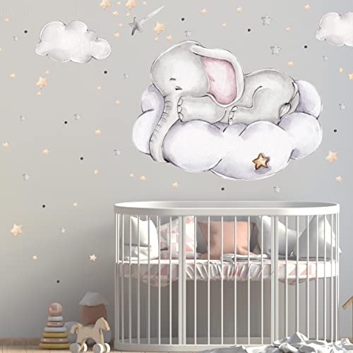 WANDKIND Elefant auf der Wolke Wandtattoo V316 | handgezeichnet | AUFKLEBER Kindergarten | Wandsticker Kinderzimmer Elefanten mit Sterne Elephant Wolken (120 x 120 cm)
