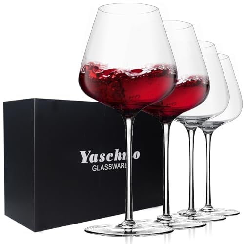 Yaschmo Red Wine Glasses Set of 4, 24.8oz Large Burgundy Glasses, Long Stem | Hand Blown Lead-Free Premium Crystal Glass, Thin Rim, Tall, Ideal Gift Package for Wedding, Anniversary, Birthday, Christmas