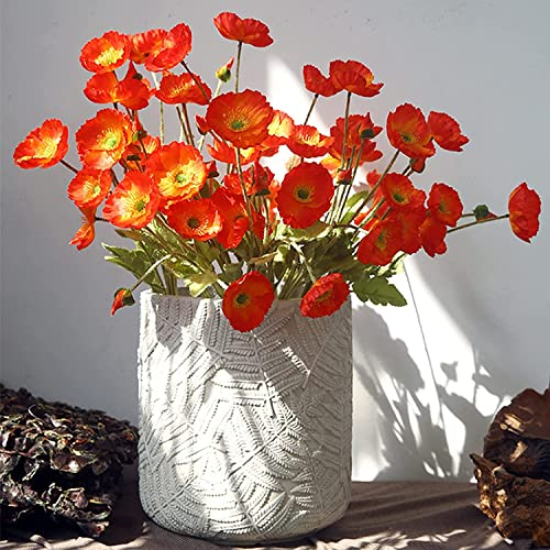 WERTSWF Künstlicher Mohnblumenzweig mit 4 Blüten, 6 Strauß, künstlicher Mohnblumenstrauß, 60 cm lang, beflockter Stiel, Blume für Zuhause, Büro, Hochzeit, Friedhof