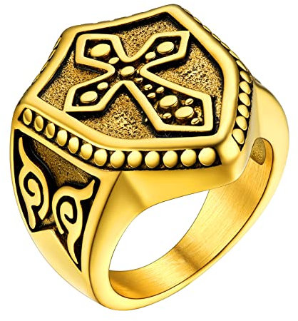 PROSTEEL Herren Tempelritter Siegelring Größe 59 18k vergoldet Ritter Schild Statement Ring für Männer Modeschmuck Accessoire