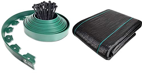 VOUNOT Bordure de Jardin en Plastique 10 mètres avec 30 Piquets d'ancrage Bordurette de Pelouse & Toile de Paillage Contre Les Mauvais Herbes 10Mx2M en Fibres de Polypropylène Tissées Anti-UV