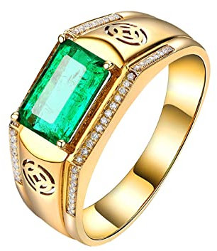 Daesar Herren Ring 750 Echtgold, Verlobung Ring Bandring 4-Steg-Krappenfassung mit Smaragd 1ct Trauringe mit Moissanit Gold Ringgröße 60 (19.1)