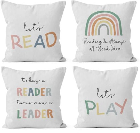 HIWX Let's Read Play Reading Is Always a Good Idea Decorative Pillowcase Throw Pillow Cover, Boho Rainbow Book Inspirational For Sofa Bed Kids Room Nursery Home Decor 18 x 18 Inch Set Of 4 Pillow Case