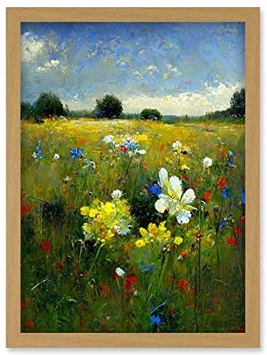 Doppelganger33 LTD Wildflower Summer Meadow Floral Landscape Oil Artwork Framed Wall Art Print A4