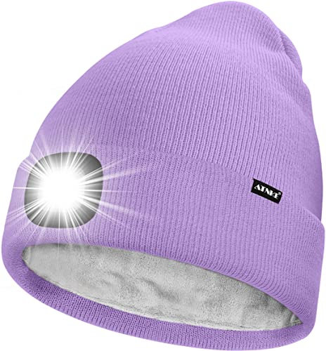 ATNKE LED Mütze mit Licht,Wiederaufladbare USB 4 LED Beleuchtete Laufmütze Extrem Heller Lampe Winter Warme Gefüttertes Fleece Stricken Mütze für Herren und Damen Geschenke/Taro Purple