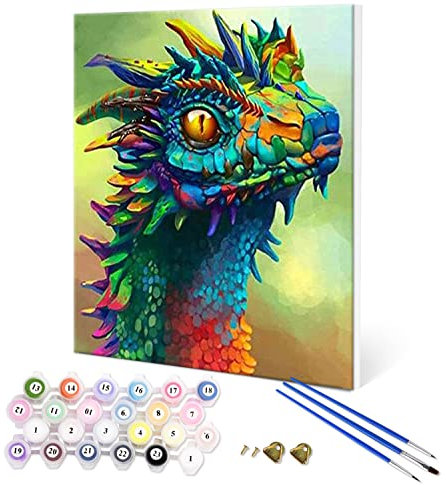 Fuumuui Kit de peinture au numéro avec cadre, pinceaux et peintures acryliques Pour débutants adultes et enfants 40 x 50 cm Motif animal, dragon