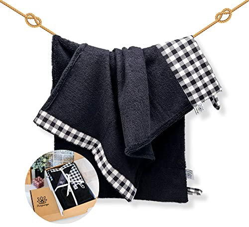 Coffret serviette de bain original et stylé en éponge de bambou premium ultra douce et absorbante confectionné en France avec des matières durables (Vichy Noir)