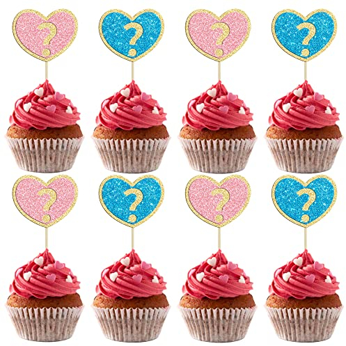 Gyufise 24Pcs Valentine's Day Gender Reveal Cupcake Toppers Glitter Heart Boy or Girl Cake Decorations for Valentine's Day Babyshower Birthday Party Supplies