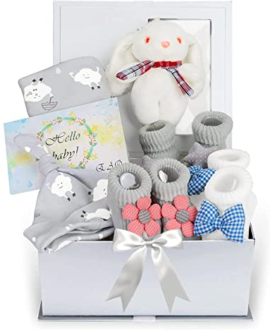 EAQ Baby Geschenk für Neugeborene,Neugeborenen Geschenk, mit Pucktuch, Babymütze, Babysocken,Hasenpuppe,Babyparty Geschenk,Baby Geschenkset,Geschenke zur Geburt (Rabbit)