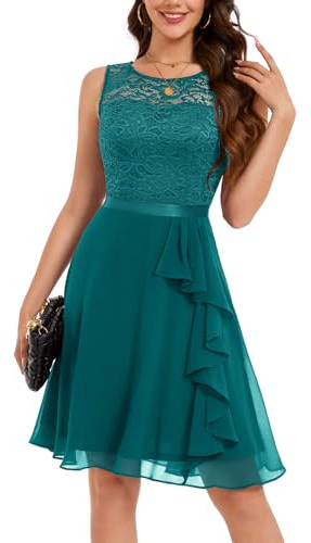Berylove - Vestido de cóctel elegante con dobladillo de volantes para mujer, para boda, vestido de noche corto acampanado con encaje, verde pavo real, XXL