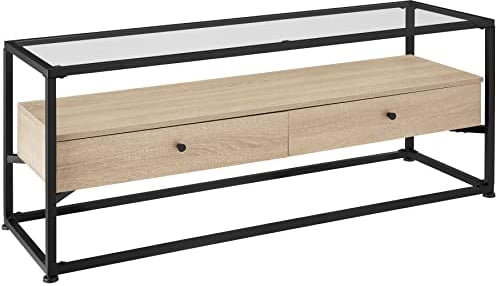 tectake® Lowboard mit 2 Schubladen und Ablagen, 121,5 x 41,5 x 50,5 cm, Fernsehtisch mit Glasplatte, TV-Regal im Industrie-Design, Holz, schwarzes Metallgestell (Industrial Holz hell, Eiche Sonoma)