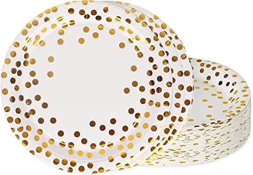 TOPWAYS Platos Desechables Cumpleaños, 48pcs 18cm Oro Blanco Desechables Papel Elegantes Platos Fiesta Vajilla para Decoración Cumpleaños Niño Hombre Mujer, Bodas Aniversarios BBQ (7 pulgadas)