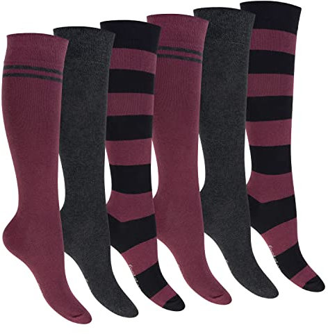 Footstar Damen Kniestrümpfe geringelt (6 Paar) - Bordeaux 35-38
