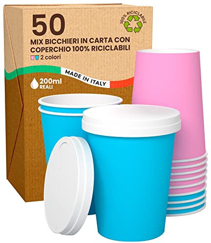 50 Gobelets Carton avec 50 Couvercles pour Emporter, 200ml, Gobelet Rose et Bleu Baby Shower, Écologiques, Biodégradables et Jetables, Résistant à la Chaleur, Boissons Froides, Boissons Chaudes