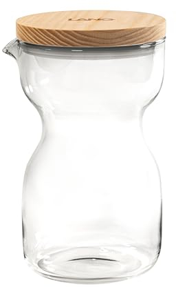LANGWATER Jarra de Vidrio 1L - Elegante Jarra de Agua con Tapa de Madera Extraíble - Jarra Dispensadora Versátil para Bebidas Frías/Calientes - Apta para Lavavajillas, Compatible con Máquina The Well