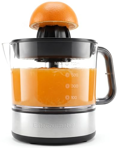 Elite Gourmet ETS623 BPA-Free 40-Watt Electric Citrus Juicer, Compact, Large Volume, Pulp Control, Oranges, Lemons, Limes, Grapefruits with Easy Pour Spout, 24oz, Black/Stainless Steel