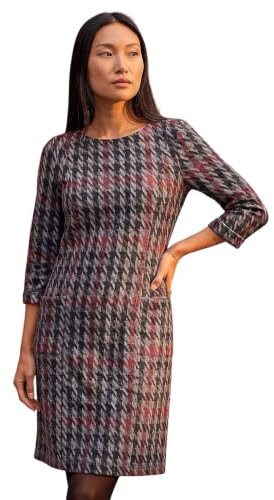 Roman Women Shift Dress with Pockets - Ladies Autumn Winter Tunic 3/4 Length Sleeve Knee Length Smart Casual Office Work Cocktail Party Round Neckline Comfy Soft - Red Charcoal - Size 14