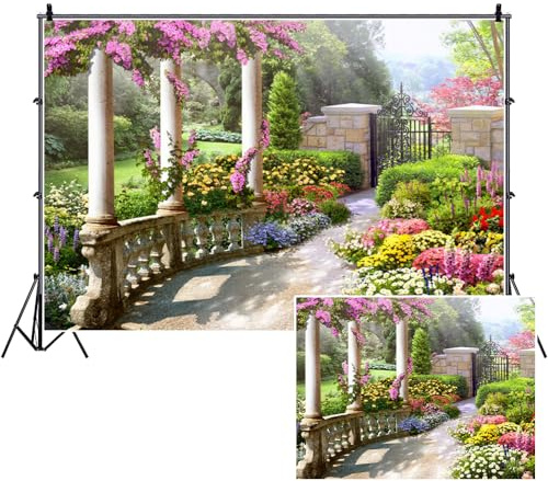 SDOTPMT 9x6ft Frühling Schöner Garten Polyester Hintergrund Vintage Garten Architektur Säulen Blühende Blumen Hintergrund Outdoor Hochzeit Foto Studio Requisiten Wallpaper
