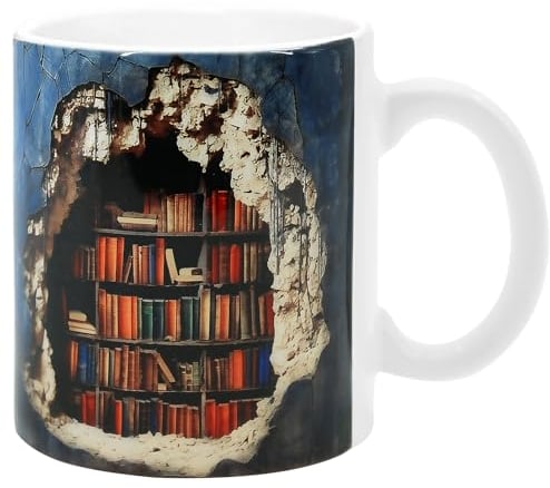 3D Bookshelf Mug, 3D Bookshelf Coffee Mug, 3D Bookshelves Hole In A Wall Mug, Creative Space Design Multi-Purpose Ceramic Mugs, A Library Shelf Cup, Book Lovers Coffee Mug, A Gift for Readers (A)