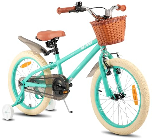 HILAND 18 Zoll Kinderfahrrad für Mädchen Jungen 5 6 7 8 Jahre mit Stützräder, Handbremse und Rücktrittbremse Korb Grün