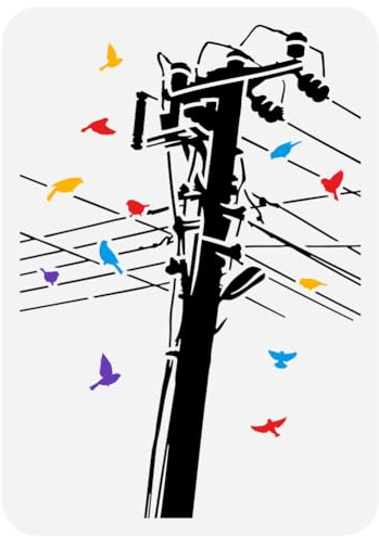 FINGERINSPIRE Stromleitungen Mast Und Vogel Malschablone 21x29.7 cm Großer Telefonmast Mit Spatz Zeichenschablone Wiederverwendbare Graffiti Thema Sprühschablone Ausgehöhlte DIY Dekorative Vorlage