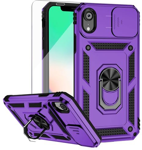 Teayoha for iPhone XR Phone Case, with Screen Protectors and Camera Cover, Military Grade Shockproof Cover with Magnetic Rotatable Ring Kickstand Protective Case for iPhone XR 6.1'',Purple