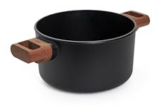 Woll Eco Logic QXR Saucepan, Diameter 20 cm, 12 cm High, 3 litres, with 2 Wooden Side Handles, Suitable for All Hobs, PFAS-Free, Non-Stick Coating, Cast Aluminium, Oven-Safe, Black
