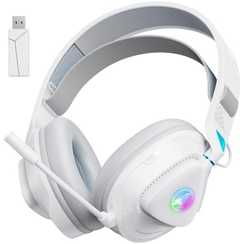 Awinnasey Cuffie Gaming Wireless con microfono, Cuffie da gioco Bluetooth sopra l'orecchio con luci RGB, Cuffie da gioco da 2,4 GHz wireless per PS5, PS4, Switch, PC, Mac, Bianco Blu