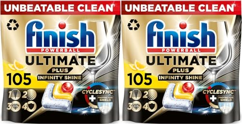 Finish Ultimate Plus Infinity Shine Dishwasher Tablets bulk | Scent : Lemon | Pack of 2 | 105 Tabs Each | Total 210 Dishwasher Tabs | For Unbeatable* Clean and Diamond Shine