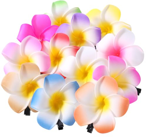 minkissy Haarspangen mit Hawaii-Blumen, Plumeria-Haarspangen für Frauen und Mädchen, weiße Haarnadeln mit Blumenmuster für den Sommer und Strand, Haar-Accessoires, 12 Stück