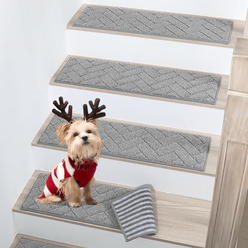 BEQHAUSE Stair Treads, 4 pcs Anti Slip Stair Treads, 22x70cm Stairs Carpet Tread for Elders, Kids, Dogs, Machine Washable Stair Pads, Grey