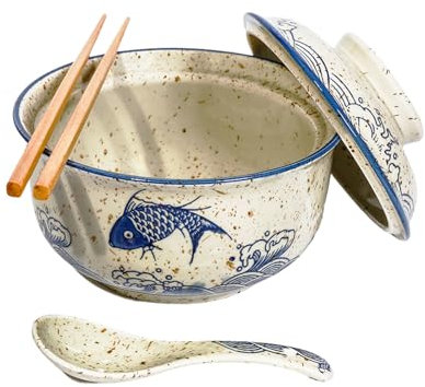 Ceramic Ramen Bowl Set, 800ml with Lid, Spoon and Chopsticks, Japanese Vintage Large Soup Bowls Instant Noodle Bowl Asian Tableware (Fisch*1)