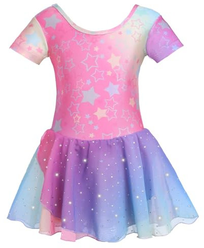 zffriction Ballettkleidung Mädchen Glitzerndes Ballettkleid Kurzarm Ballettanzug Mädchen Tanzkleid Balletttrikot mit Chiffon Rock Tütü (Regenbogen,110)