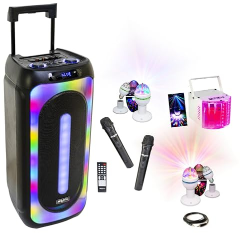 MOOVING LIGHT & SOUND - Pack Enceinte Karaoké MS-MAGIC-SOUND1000 Portable sur Batterie USB Bluetooth TWS 1000W 2 Micros - Effet Derby - 2 Jeux Lumière Astro Rotatifs