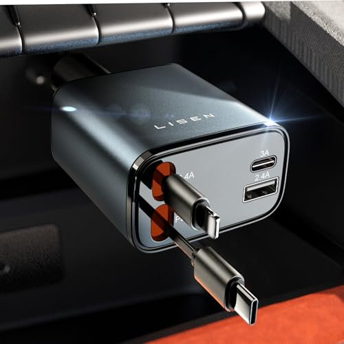LISEN Caricatore Auto USB C 69W Retrattile PD 3.0 Accendisigari USB, Ricarica Rapido Caricabatterie, Accessori Auto Campeggio Viaggio, Regali per Lui fit iPhone 16 15 Pro Max iPad Galaxy S25 Ultra